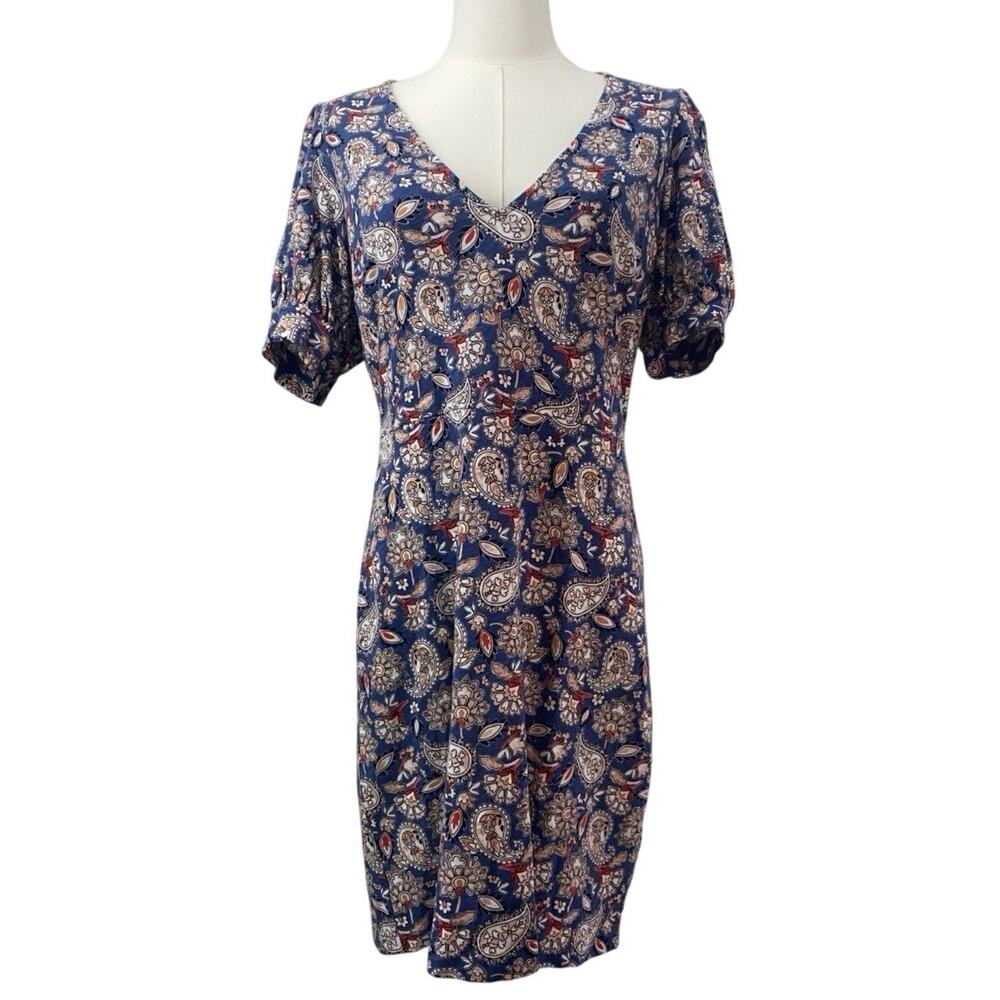 Boden Blue Paisley Print Cotton V Neck Dress Sz 4R